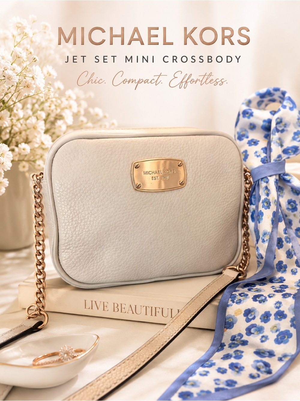 Michael Kors Leather Jet Set Mini Crossbody In Cream With Rose Gold Chain & Logo
